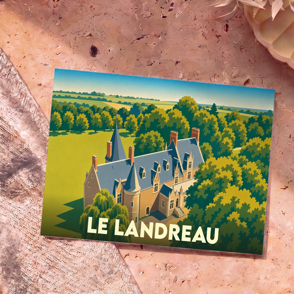 Carte postale souvenir de la commune de Le Landreau avec une illustration stylisée de son château.