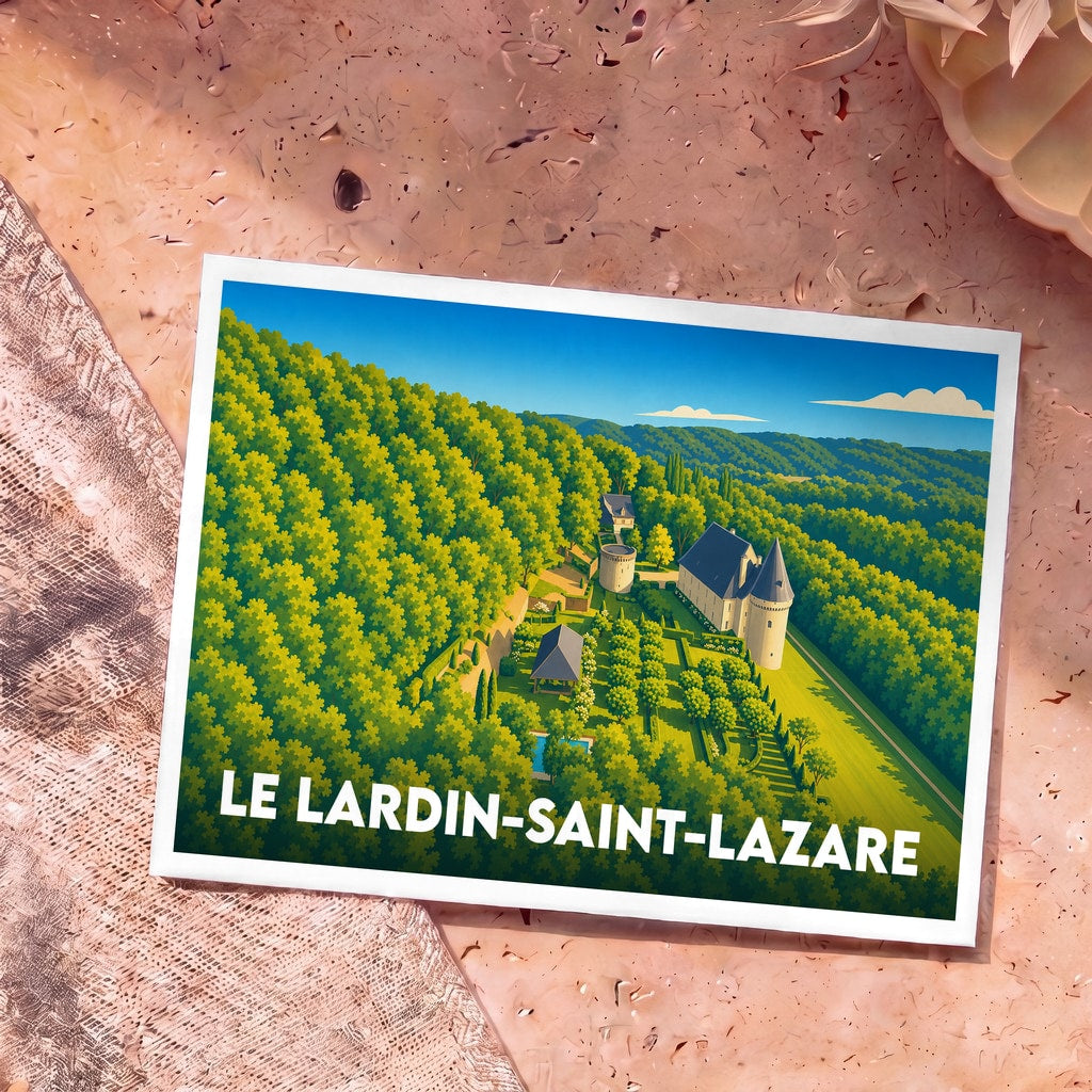Carte postale souvenir de la ville de Le Lardin-Saint-Lazare avec une illustration stylisée d'un domaine arboré.