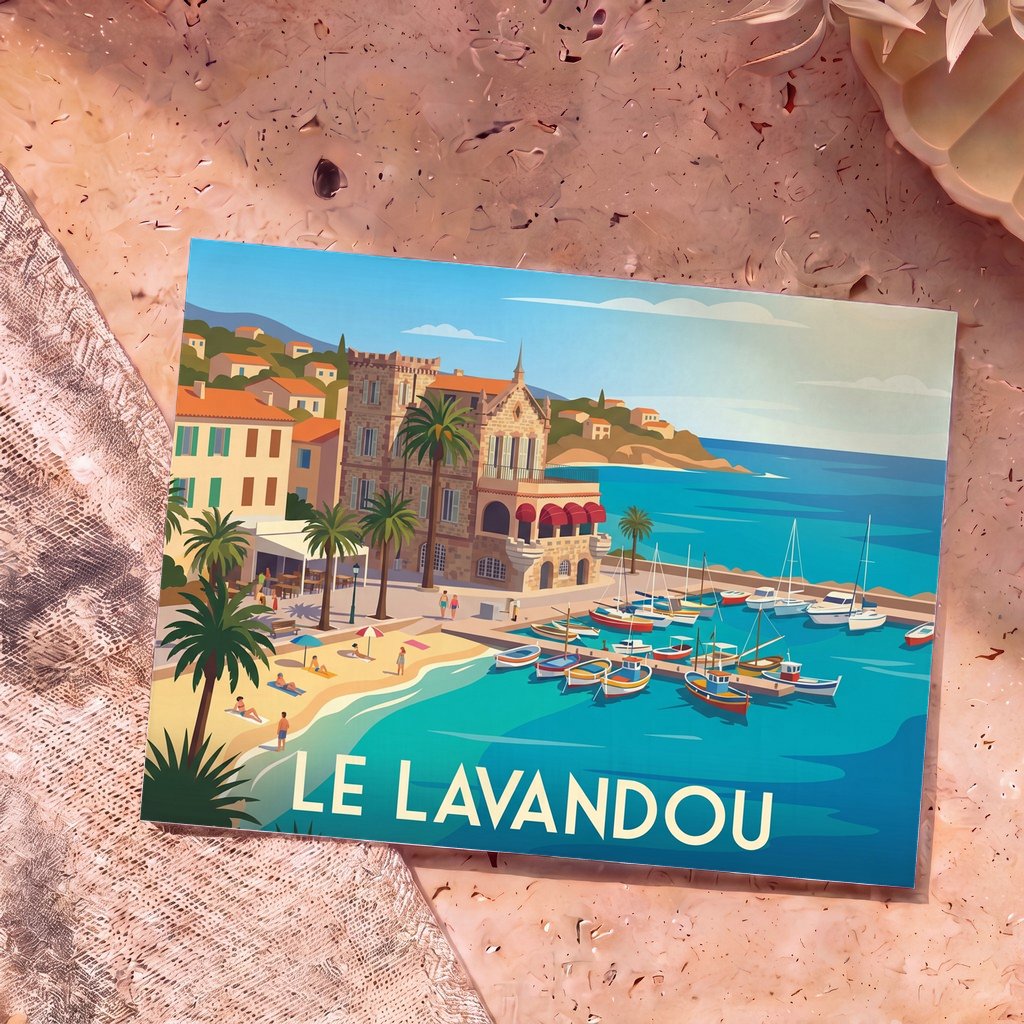 Carte postale souvenir de la ville de Le Lavandou avec une illustration stylisée de son port et de sa plage.