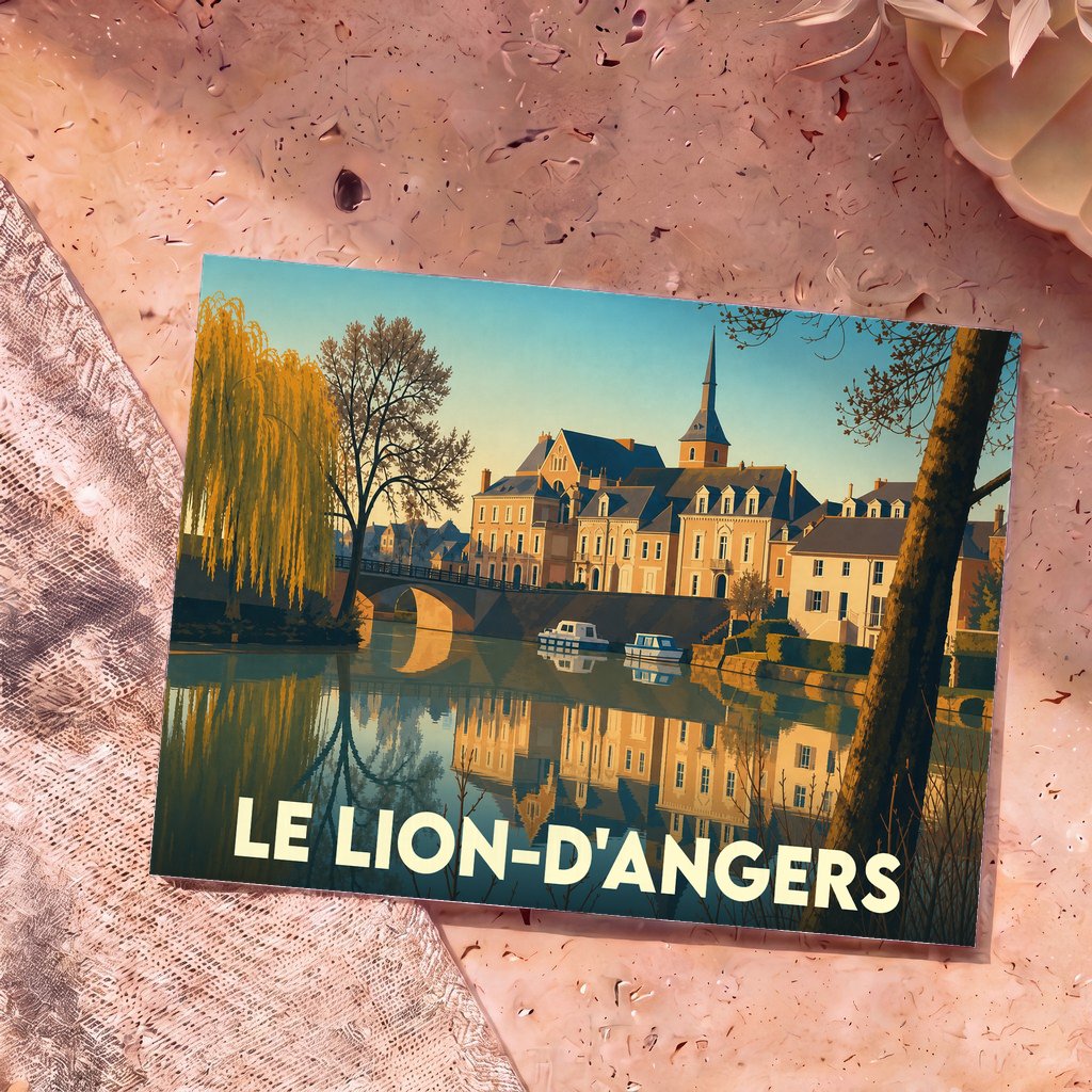Carte postale souvenir de la ville de Le Lion-d'Angers avec une illustration stylisée des bords de l'Oudon.