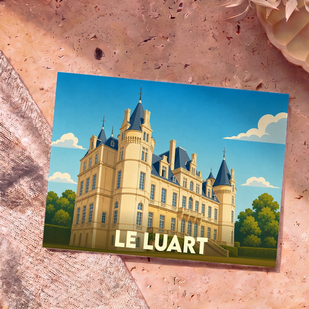 Carte postale souvenir de la ville de Le Luart illustrant son château dans un style graphique épuré.