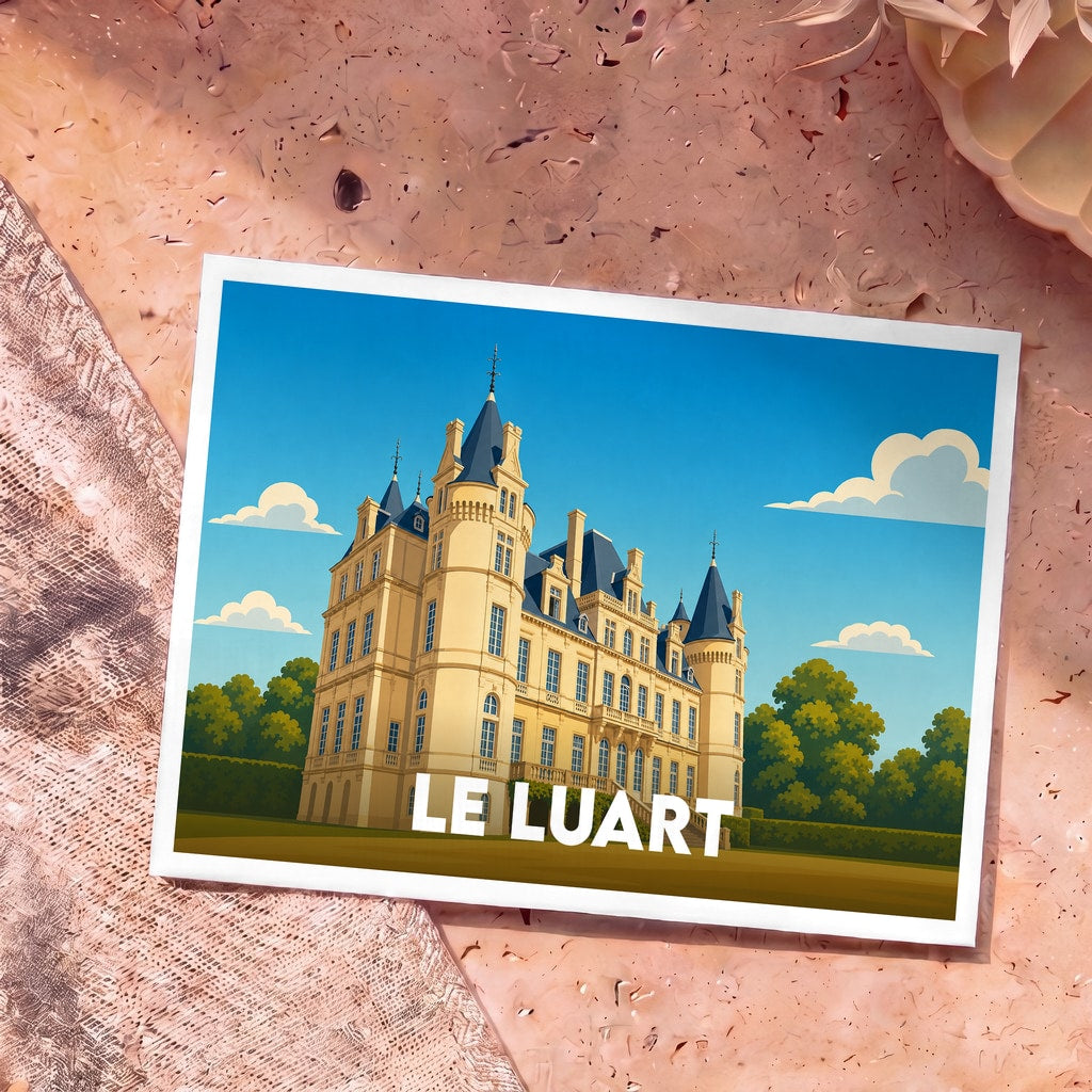 Carte postale souvenir de la ville de Le Luart illustrant son château dans un style graphique épuré.