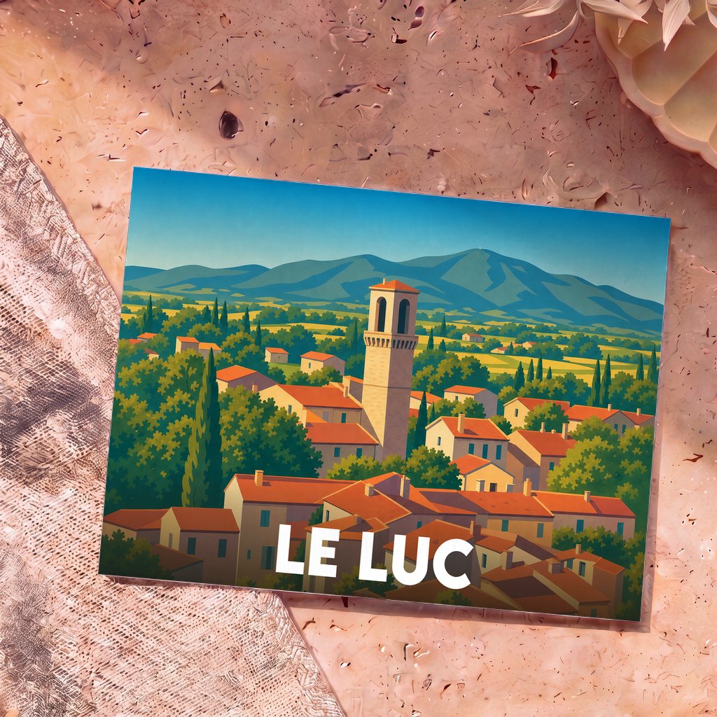 Carte postale souvenir de la ville de Le Luc avec une illustration stylisée de son clocher et des montagnes environnantes.