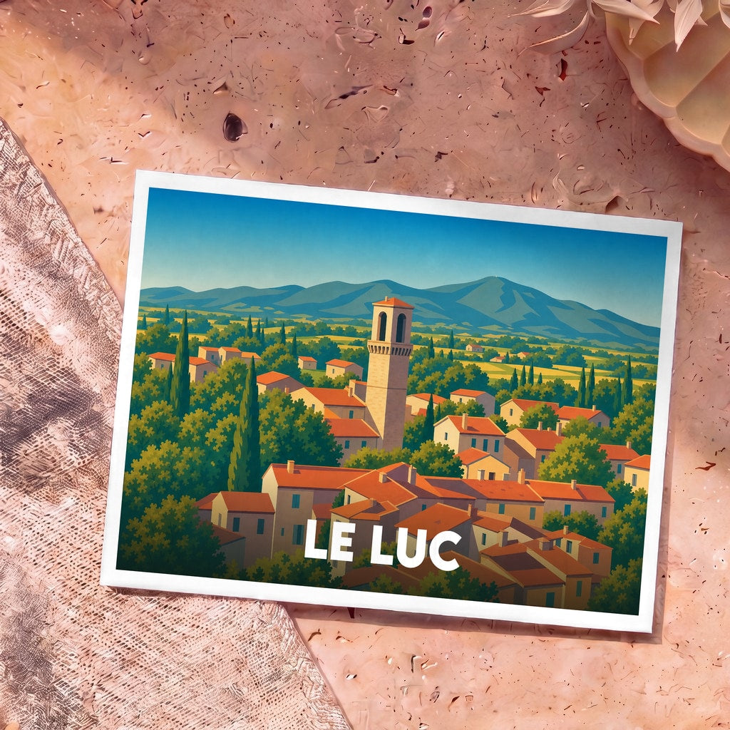 Carte postale souvenir de la ville de Le Luc avec une illustration stylisée de son clocher et des montagnes environnantes.