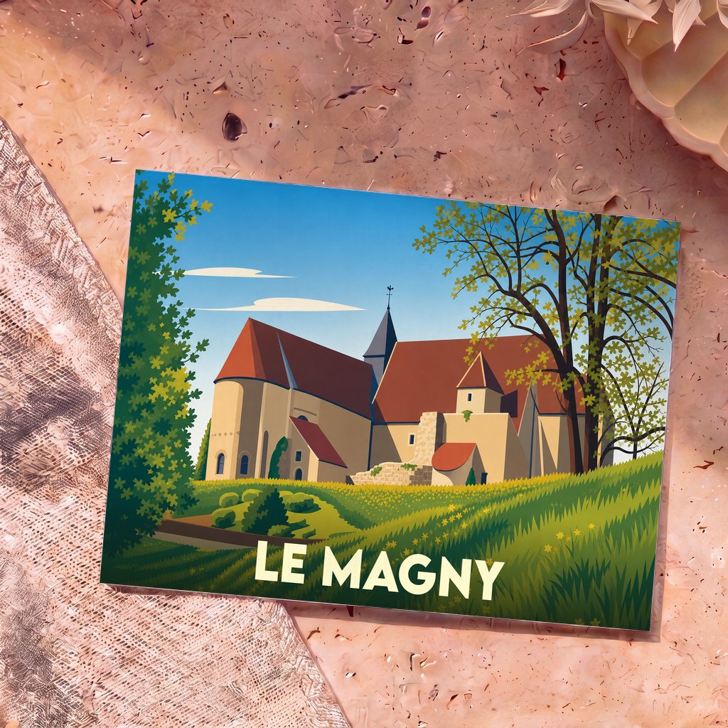 Carte postale souvenir de la ville de Le Magny avec une illustration stylisée de son église romane.