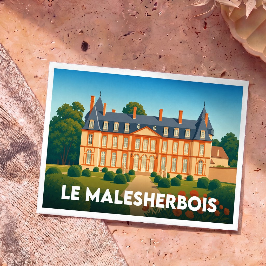Carte postale souvenir de la ville de Le Malesherbois avec une illustration stylisée d'un château et de ses jardins.