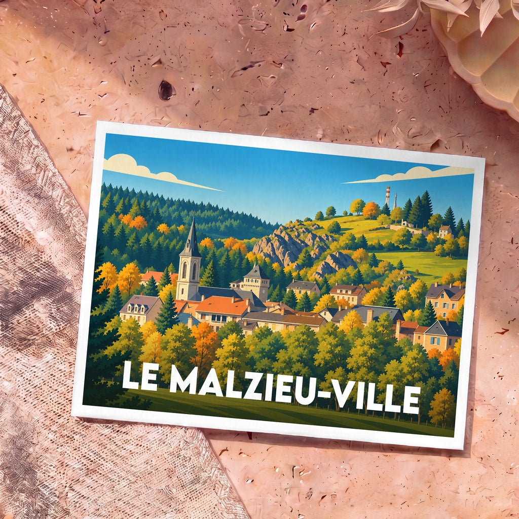 Carte postale souvenir de la ville de Le Malzieu-Ville illustrant son paysage vallonné et son clocher dans un style graphique coloré.