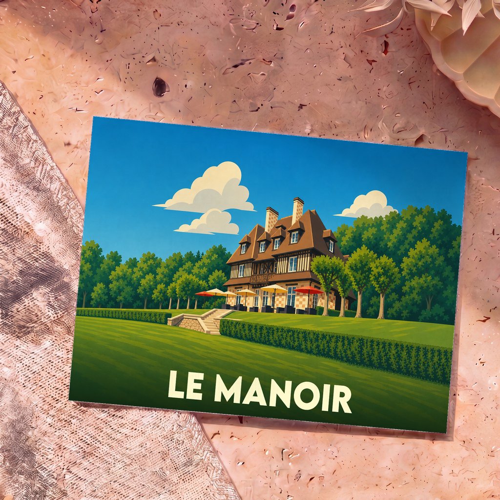 Carte postale souvenir de la ville de Le Manoir avec une illustration stylisée d'une grande demeure normande.