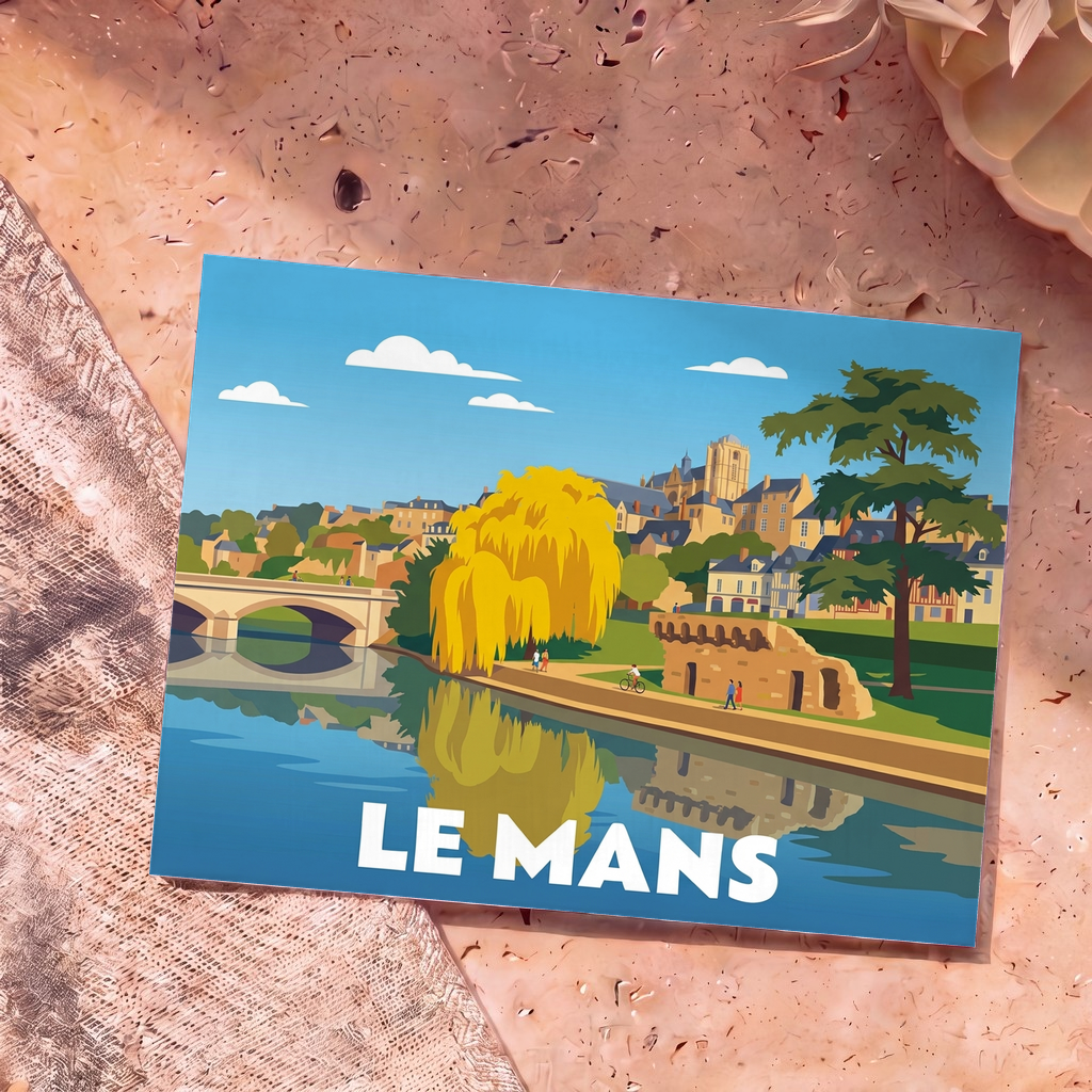 Carte postale souvenir de la ville du Mans avec une illustration stylisée des bords de la Sarthe.