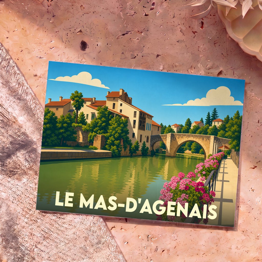 Carte postale souvenir de la ville de Le Mas-d'Agenais avec une illustration stylisée d'un pont en pierre surplombant un canal.