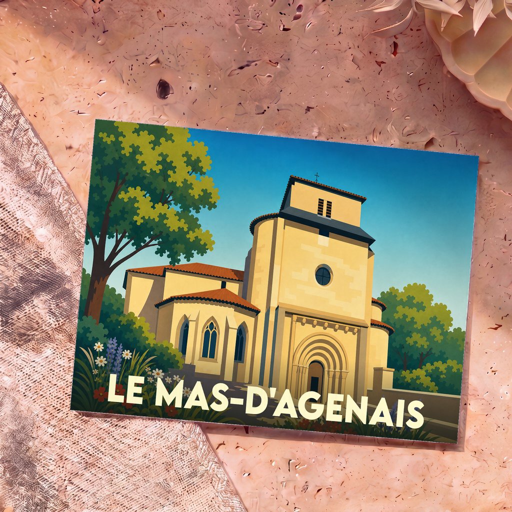 Carte postale souvenir de la ville de Le Mas-d'Agenais avec une illustration stylisée de son église romane.