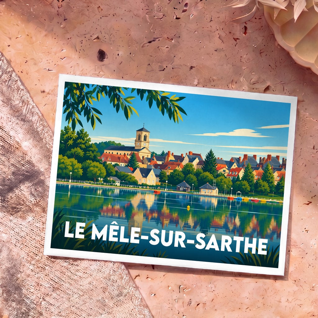 Carte postale souvenir de la ville de Le Mêle-sur-Sarthe avec une illustration stylisée de son église et de son plan d'eau.
