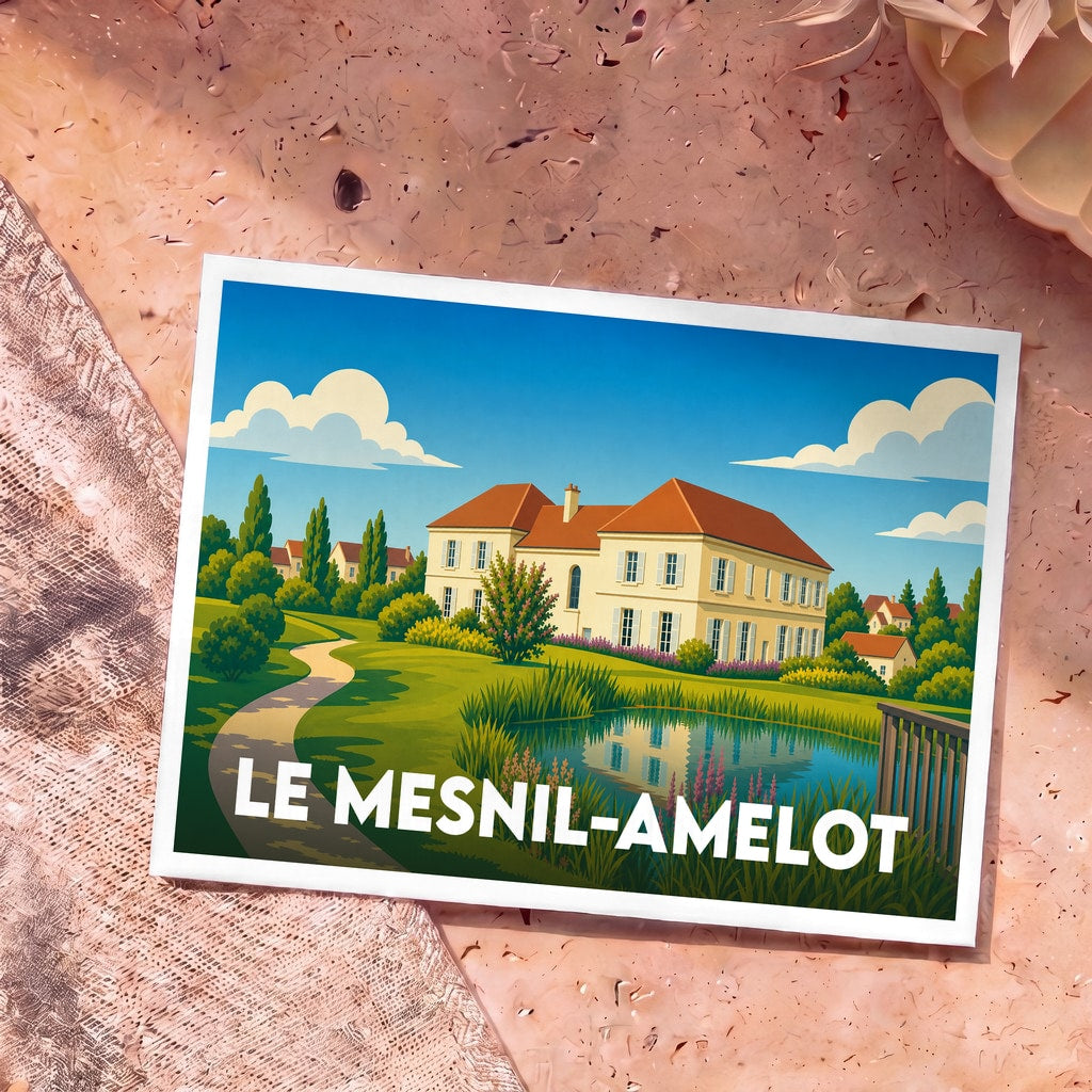 Carte postale souvenir de la ville de Le Mesnil-Amelot avec une illustration stylisée d'une grande demeure au bord d'un étang.