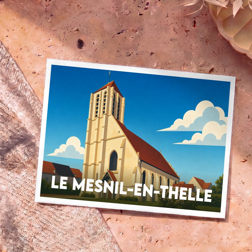 Carte postale souvenir de la ville de Le Mesnil-en-Thelle avec une illustration stylisée de son église.