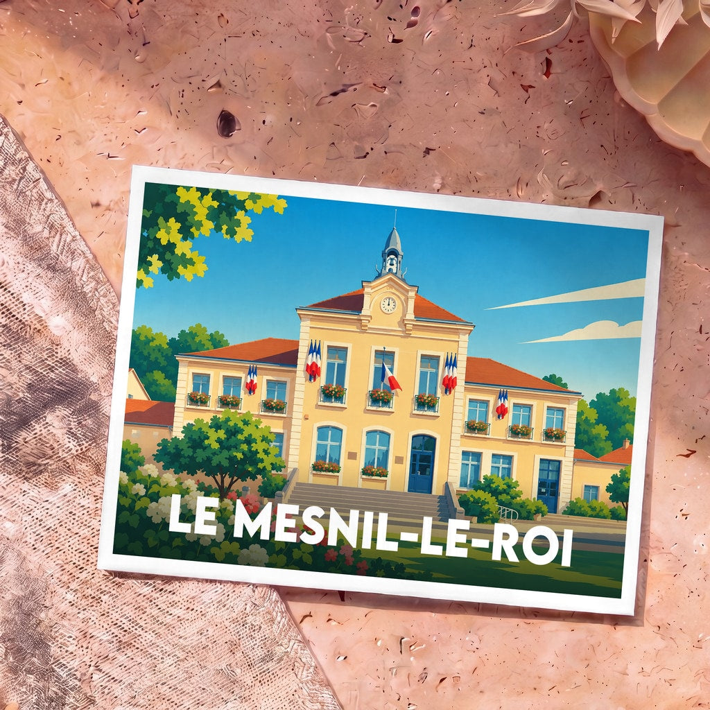 Carte postale souvenir de la ville de Le Mesnil-le-Roi avec une illustration stylisée de sa mairie.