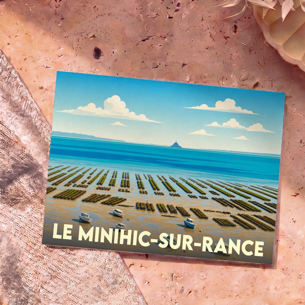 Carte postale souvenir de la ville de Le Minihic-sur-Rance avec une illustration stylisée de parcs à huîtres.