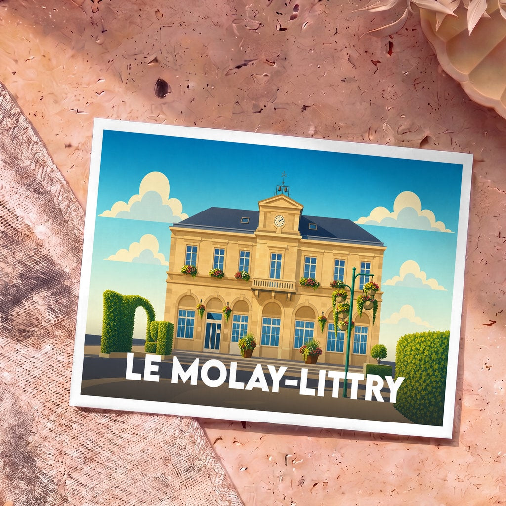Carte postale souvenir de la ville de Le Molay-Littry avec une illustration stylisée de sa mairie.