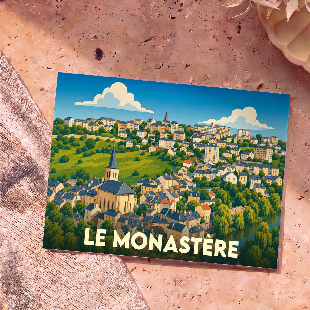 Carte postale souvenir de la ville de Le Monastère avec une illustration colorée et stylisée de son paysage urbain.