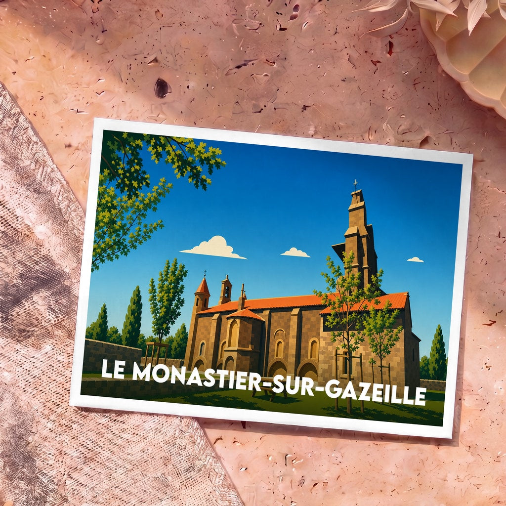 Carte postale souvenir de la ville de Le Monastier-sur-Gazeille avec une illustration stylisée de son église abbatiale.