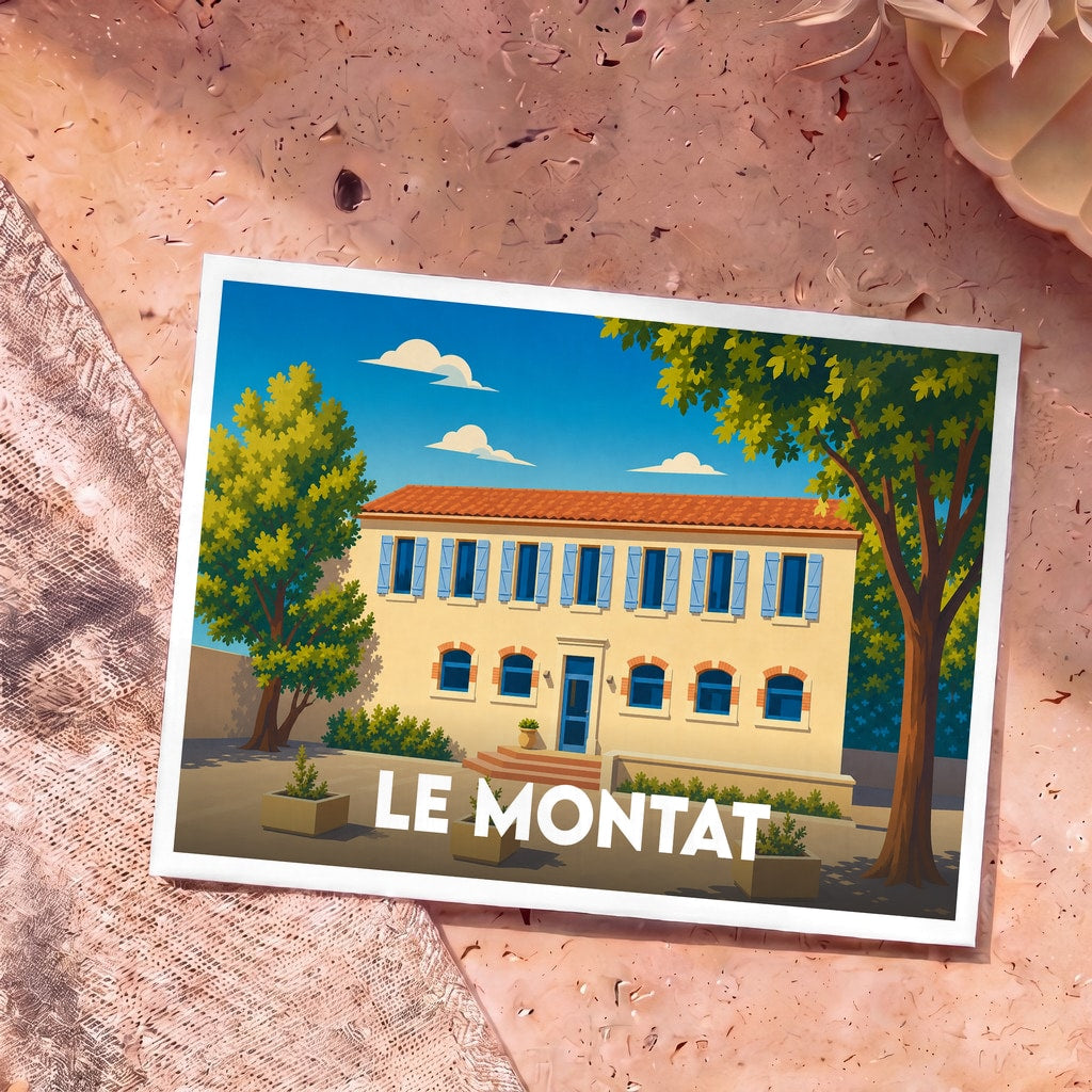 Carte postale souvenir de la ville de Le Montat avec une illustration stylisée d'une bâtisse ensoleillée.