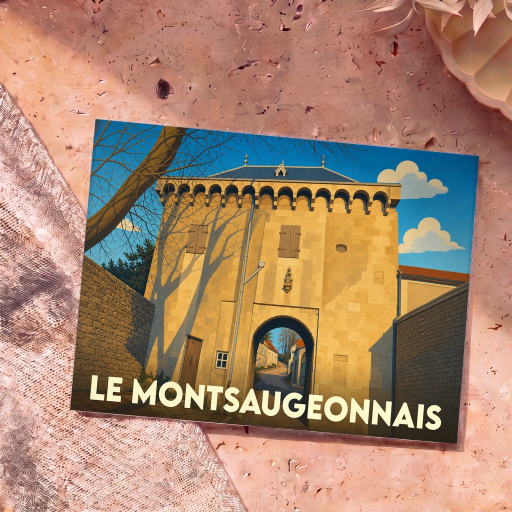 Carte postale souvenir de la ville de Le Montsaugeonnais avec une illustration stylisée d'une porte fortifiée.