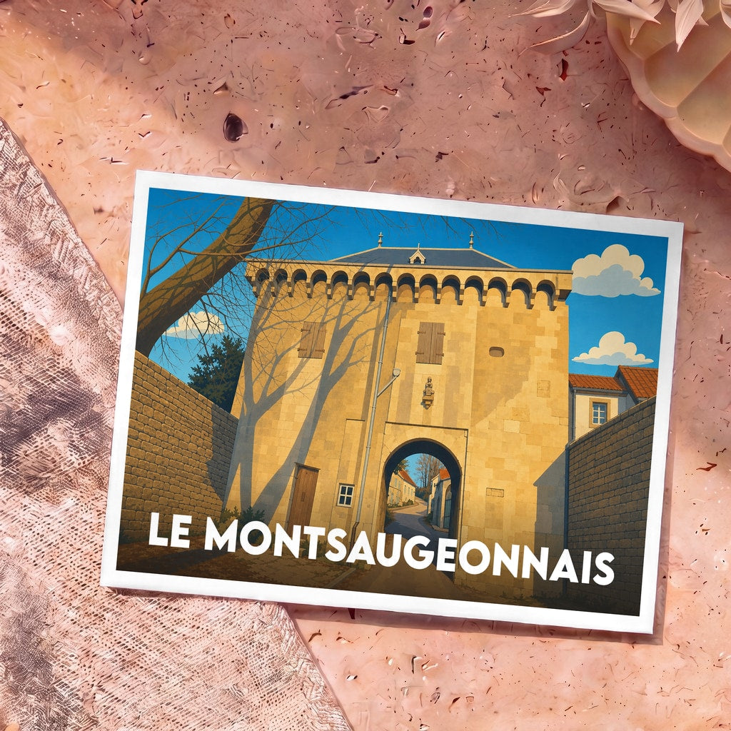 Carte postale souvenir de la ville de Le Montsaugeonnais avec une illustration stylisée d'une porte fortifiée.