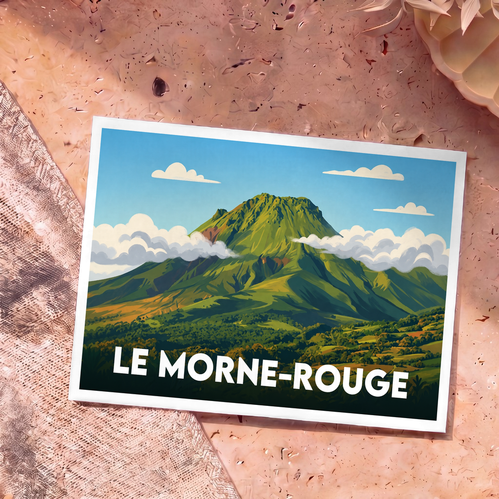 Carte postale souvenir de la ville de Le Morne-Rouge avec une illustration stylisée de la Montagne Pelée.