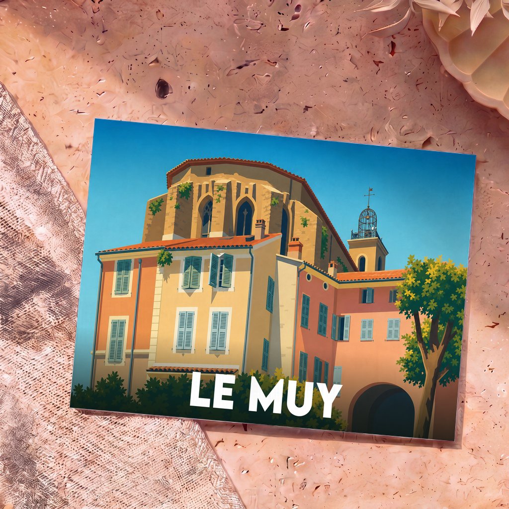Carte postale souvenir de la ville de Le Muy avec une illustration colorée et stylisée de ses bâtiments provençaux.