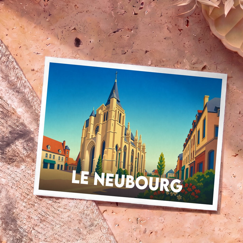 Carte postale souvenir de la ville de Le Neubourg avec une illustration stylisée de son église et de ses rues.