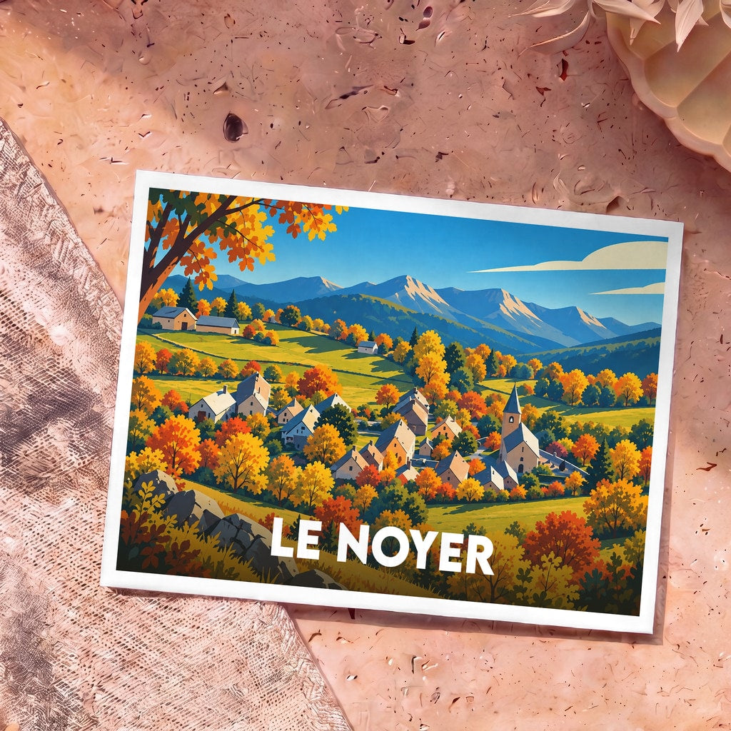 Carte postale souvenir de la ville de Le Noyer représentant un village de montagne en automne dans un style illustré.