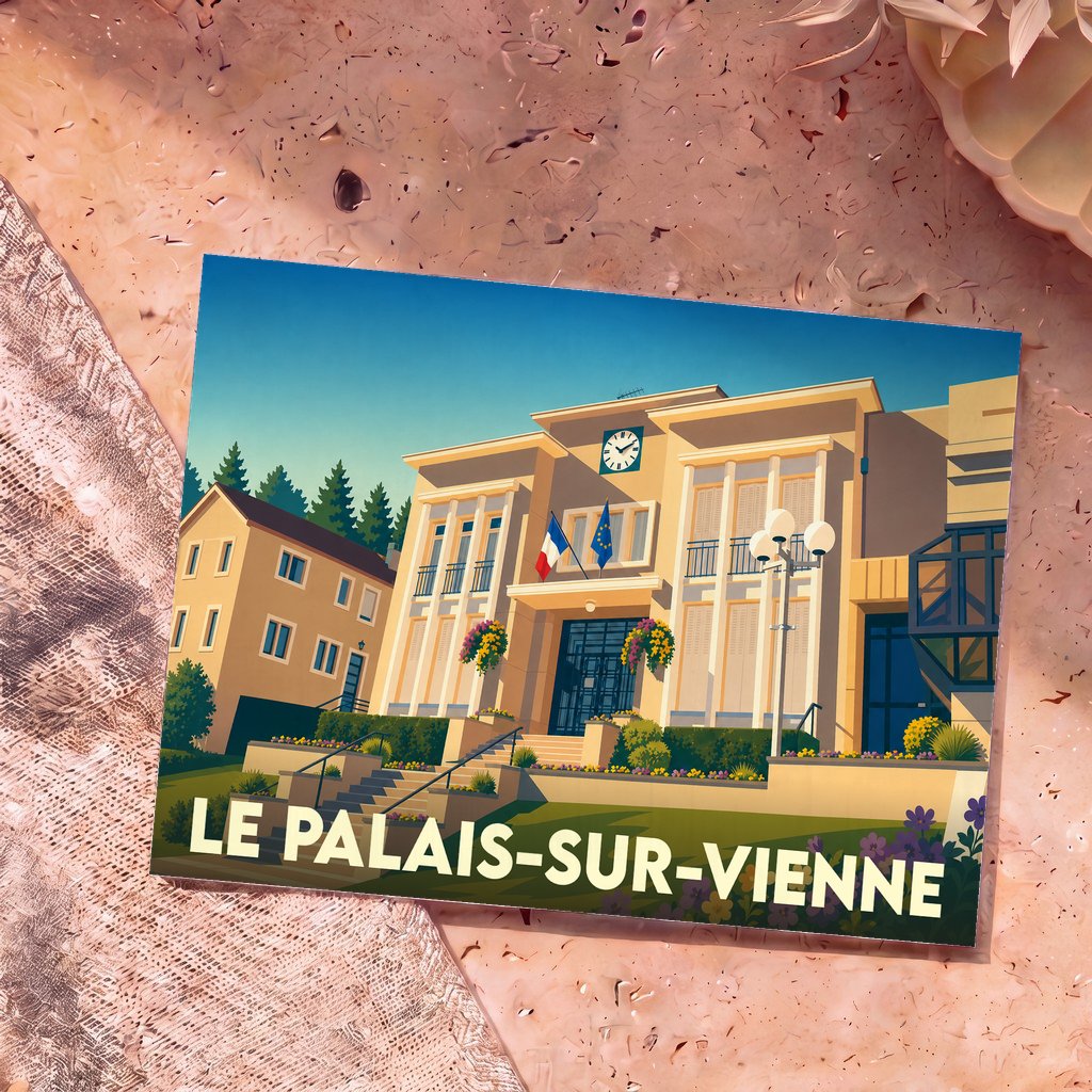 Carte postale souvenir de la ville de Le Palais-sur-Vienne avec une illustration stylisée de sa mairie.
