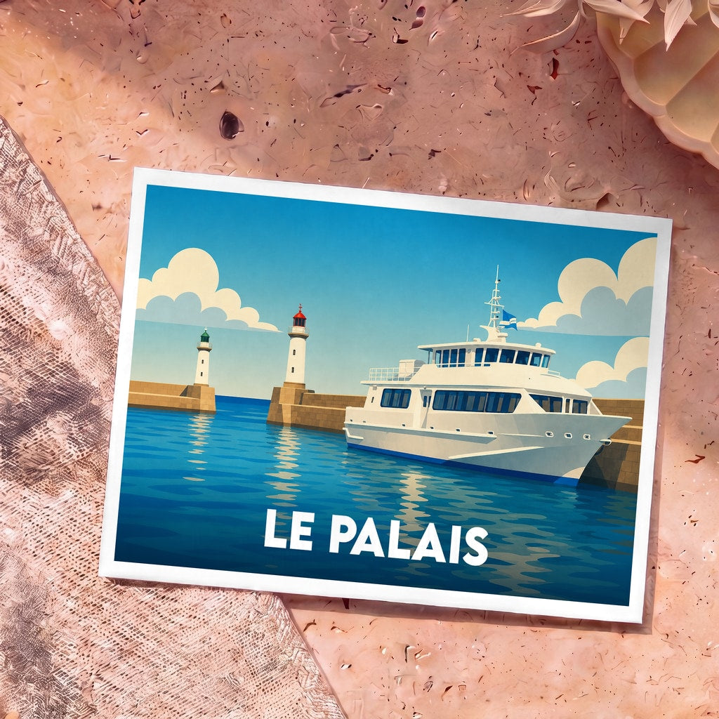 Carte postale souvenir de la ville de Le Palais avec une illustration stylisée d'un bateau et de deux phares à l'entrée du port.