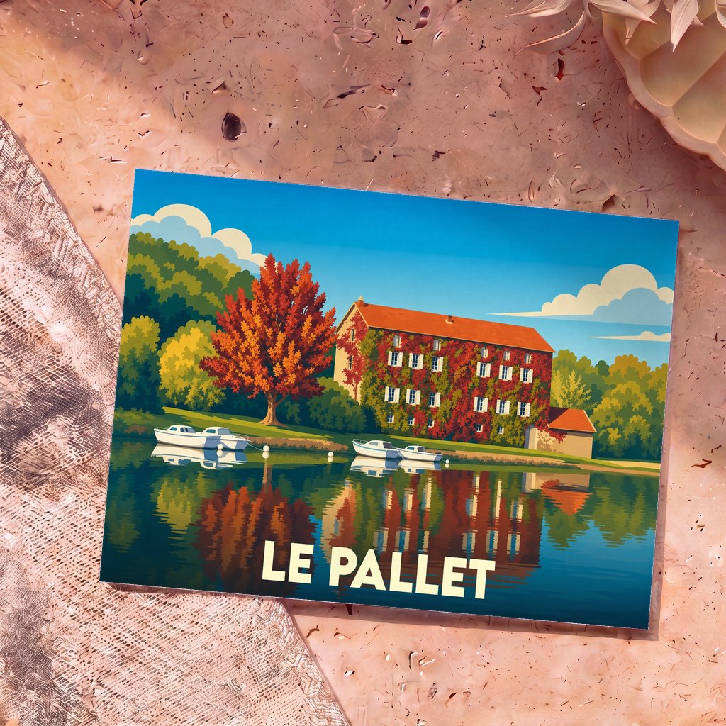 Carte postale souvenir de la ville de Le Pallet avec une illustration stylisée d'un bâtiment au bord de l'eau.