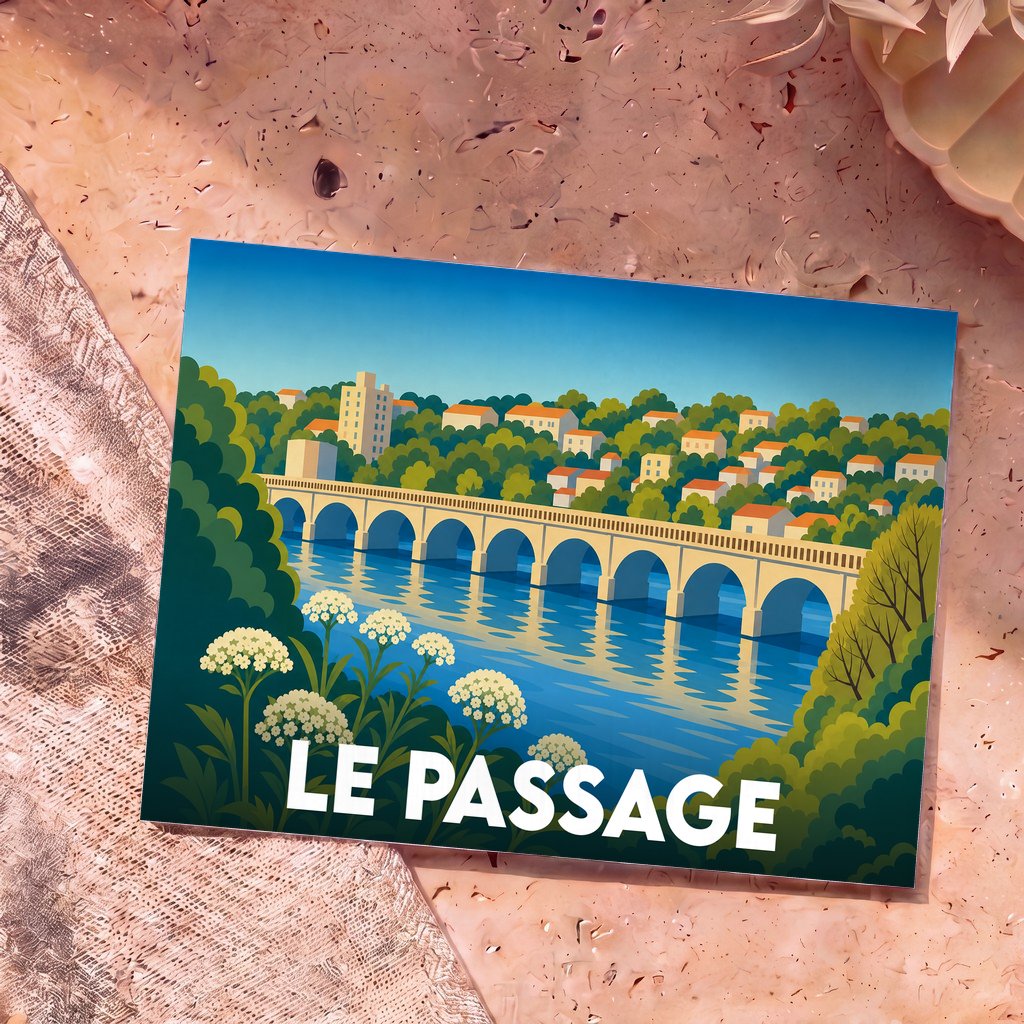 Carte postale souvenir de la ville de Le Passage avec une illustration stylisée d'un pont à arches surplombant l'eau.