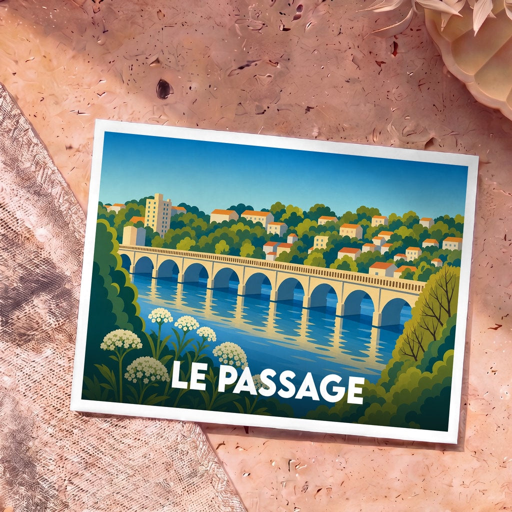 Carte postale souvenir de la ville de Le Passage avec une illustration stylisée d'un pont à arches surplombant l'eau.