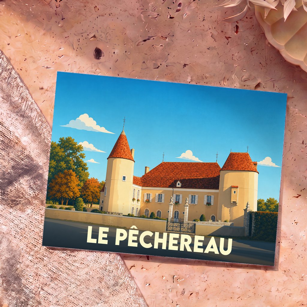 Carte postale souvenir de la ville de Le Pêchereau illustrant son château dans un style graphique épuré.