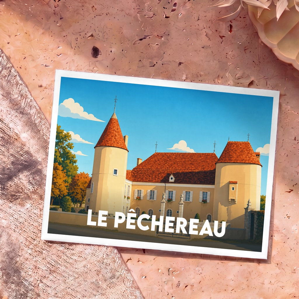 Carte postale souvenir de la ville de Le Pêchereau illustrant son château dans un style graphique épuré.