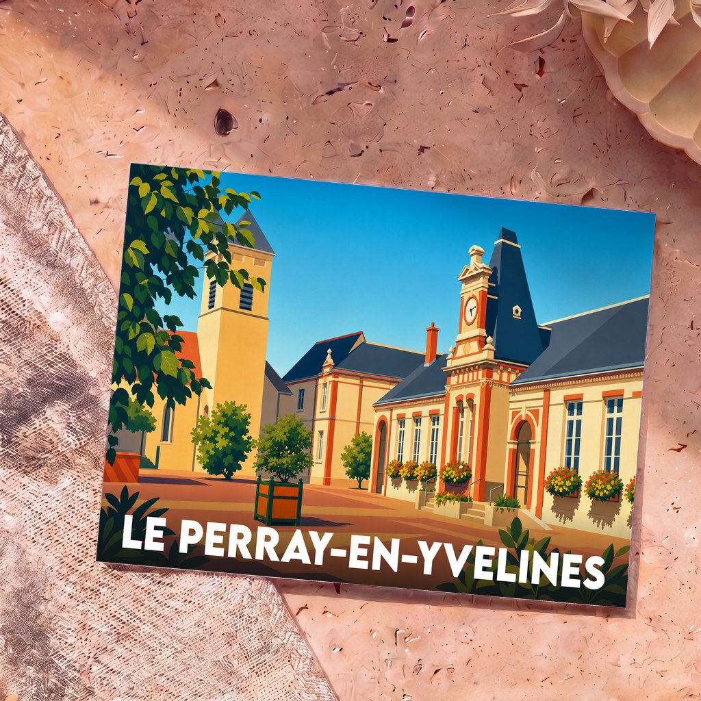Carte postale souvenir de la ville de Le Perray-en-Yvelines avec une illustration colorée et stylisée de son hôtel de ville.