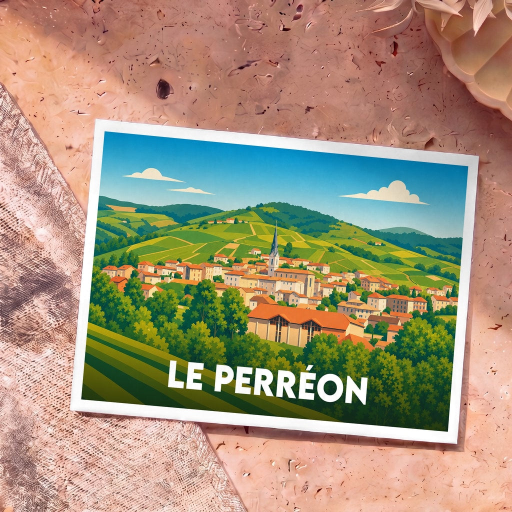 Carte postale souvenir de la ville de Le Perréon avec une illustration stylisée de son village et de ses vignobles.