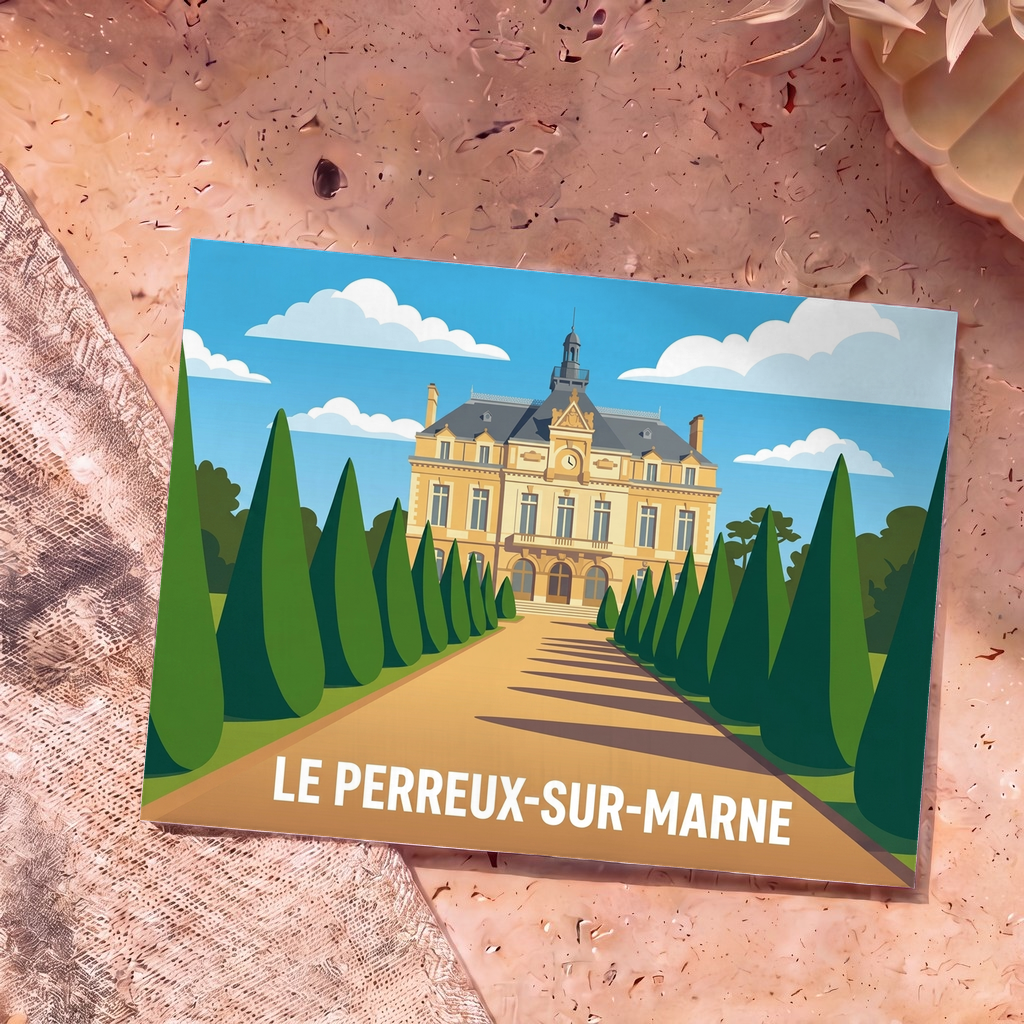 Carte postale souvenir de la ville de Le Perreux-sur-Marne illustrant l'hôtel de ville dans un style graphique épuré.