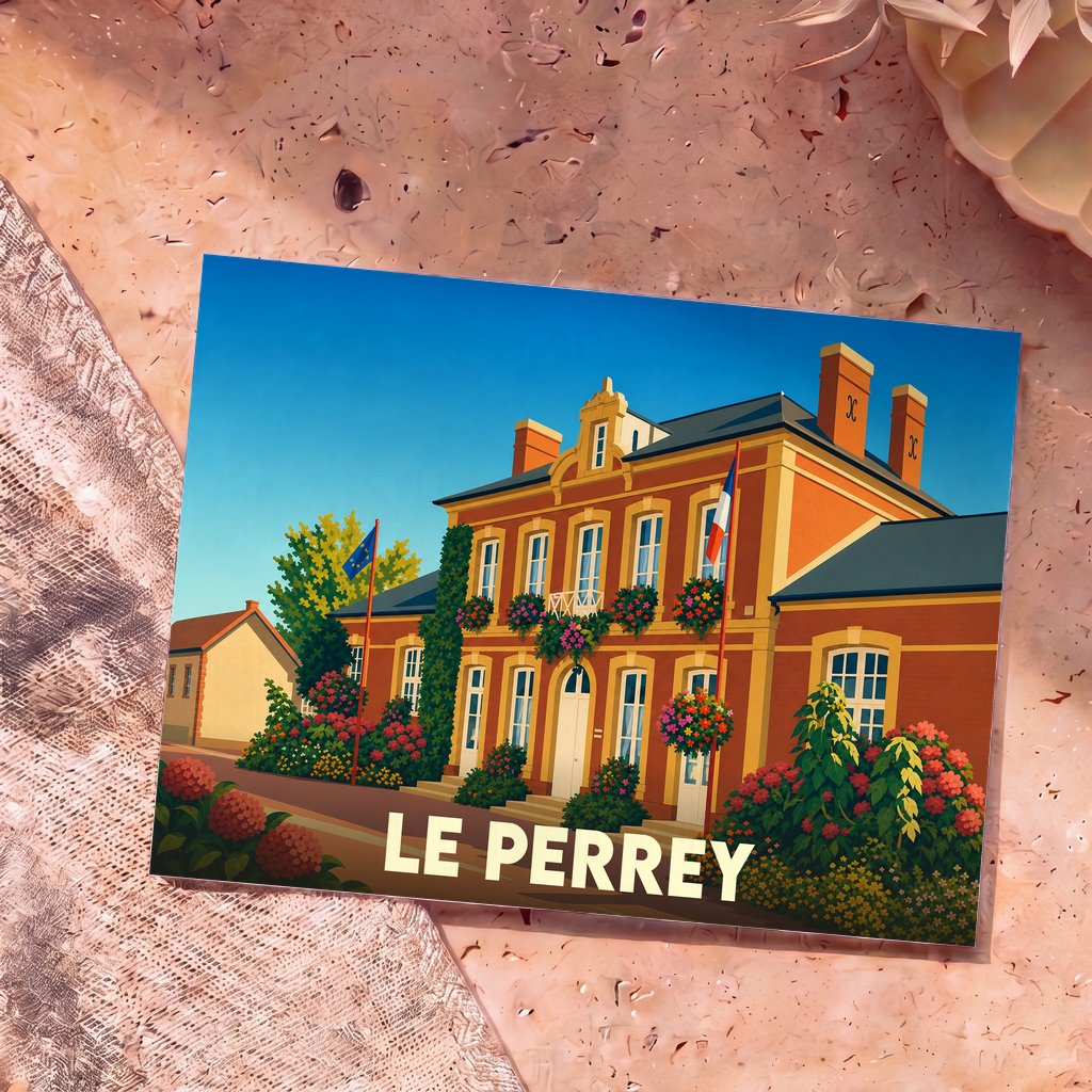 Carte postale souvenir de la ville de Le Perrey avec une illustration colorée de sa mairie fleurie.