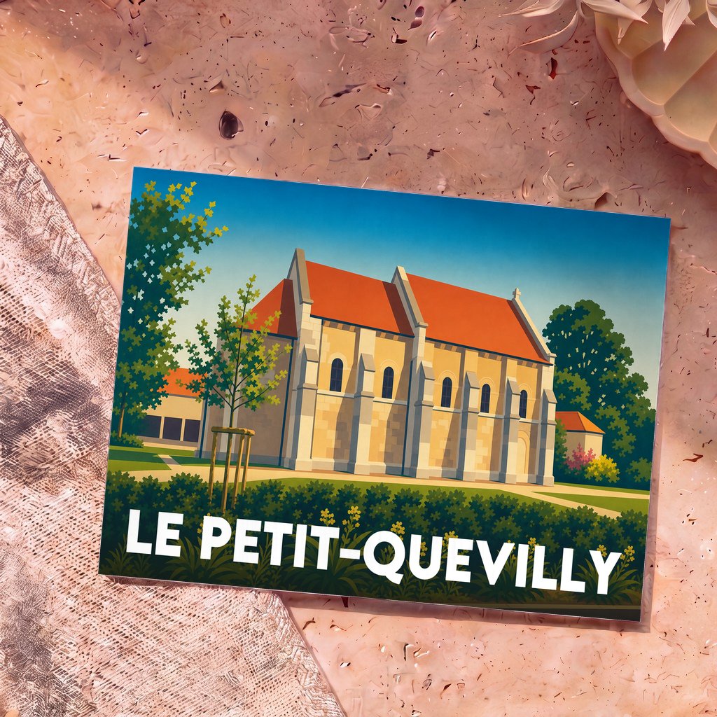 Carte postale souvenir de la ville de Le Petit-Quevilly avec une illustration stylisée de la Chapelle Saint-Julien.