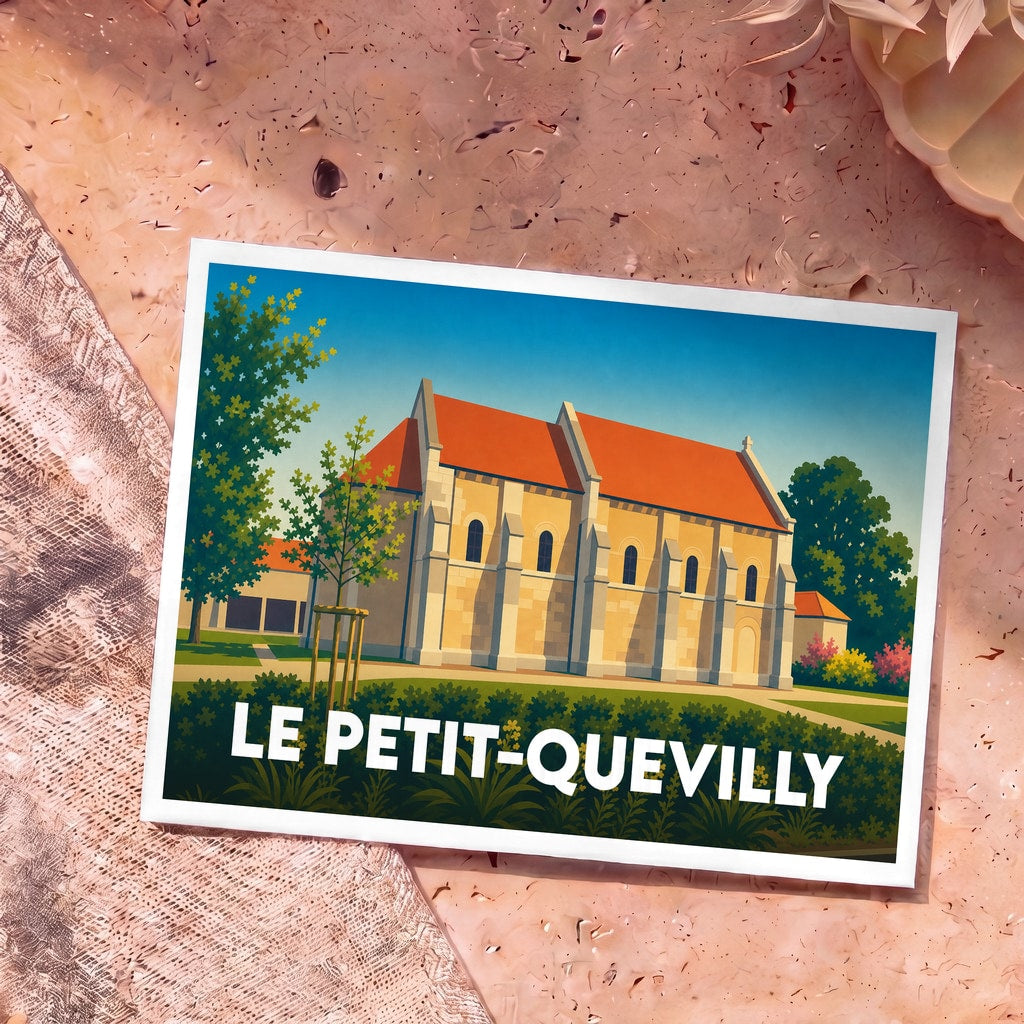 Carte postale souvenir de la ville de Le Petit-Quevilly avec une illustration stylisée de la Chapelle Saint-Julien.