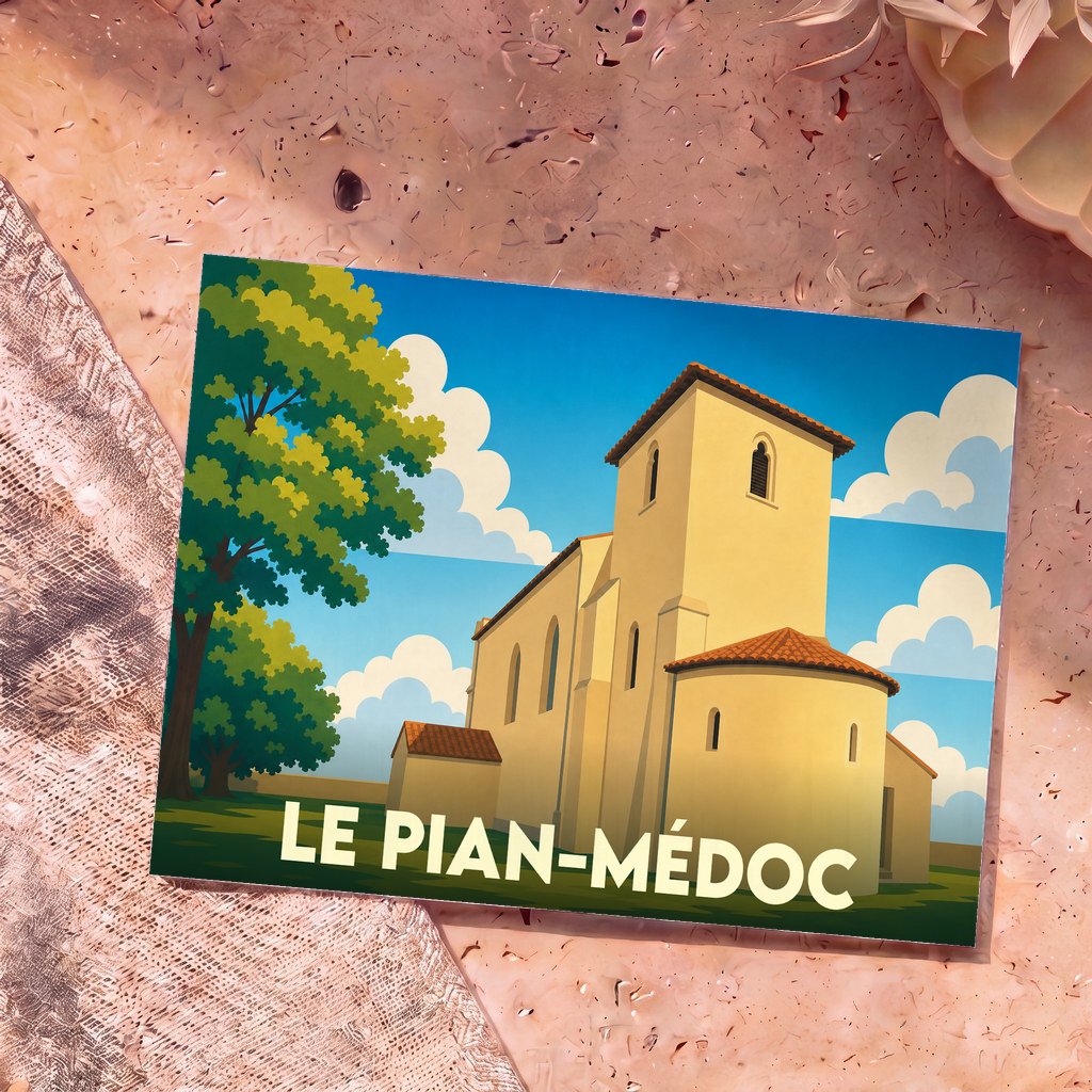 Carte postale souvenir de la ville de Le Pian-Médoc avec une illustration stylisée d'une église sous un ciel azur.