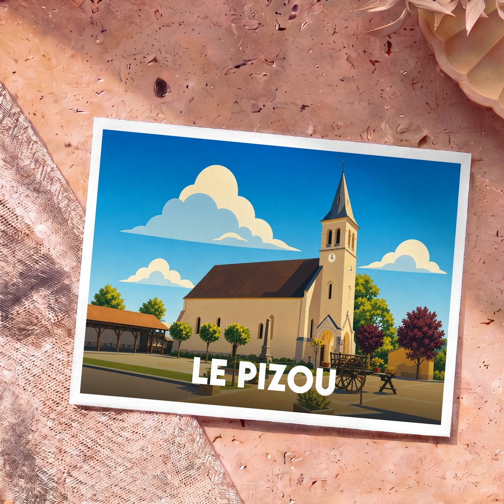 Carte postale souvenir de la ville de Le Pizou avec une illustration stylisée de son église.
