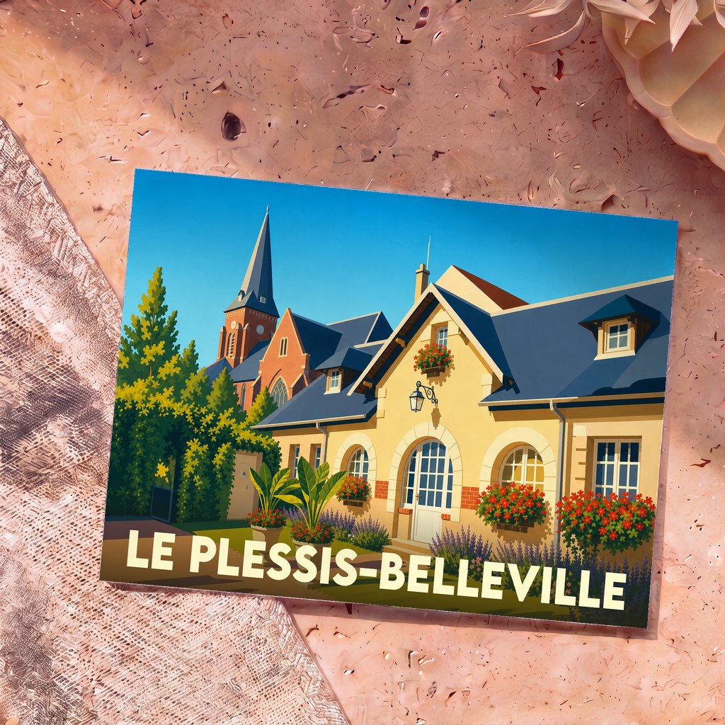 Carte postale souvenir de la ville de Le Plessis-Belleville avec une illustration stylisée et colorée.