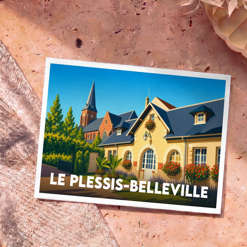 Carte postale souvenir de la ville de Le Plessis-Belleville avec une illustration stylisée et colorée.