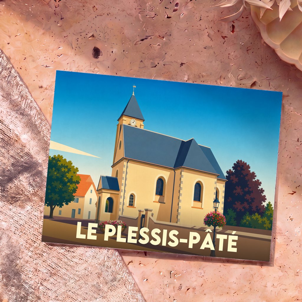 Carte postale souvenir de la ville de Le Plessis-Pâté avec une illustration stylisée de son église.