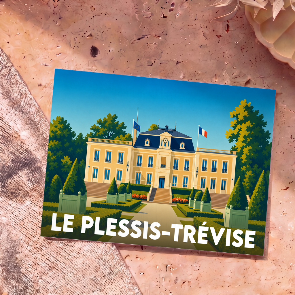 Carte postale souvenir de la ville de Le Plessis-Trévise avec une illustration stylisée de son hôtel de ville.