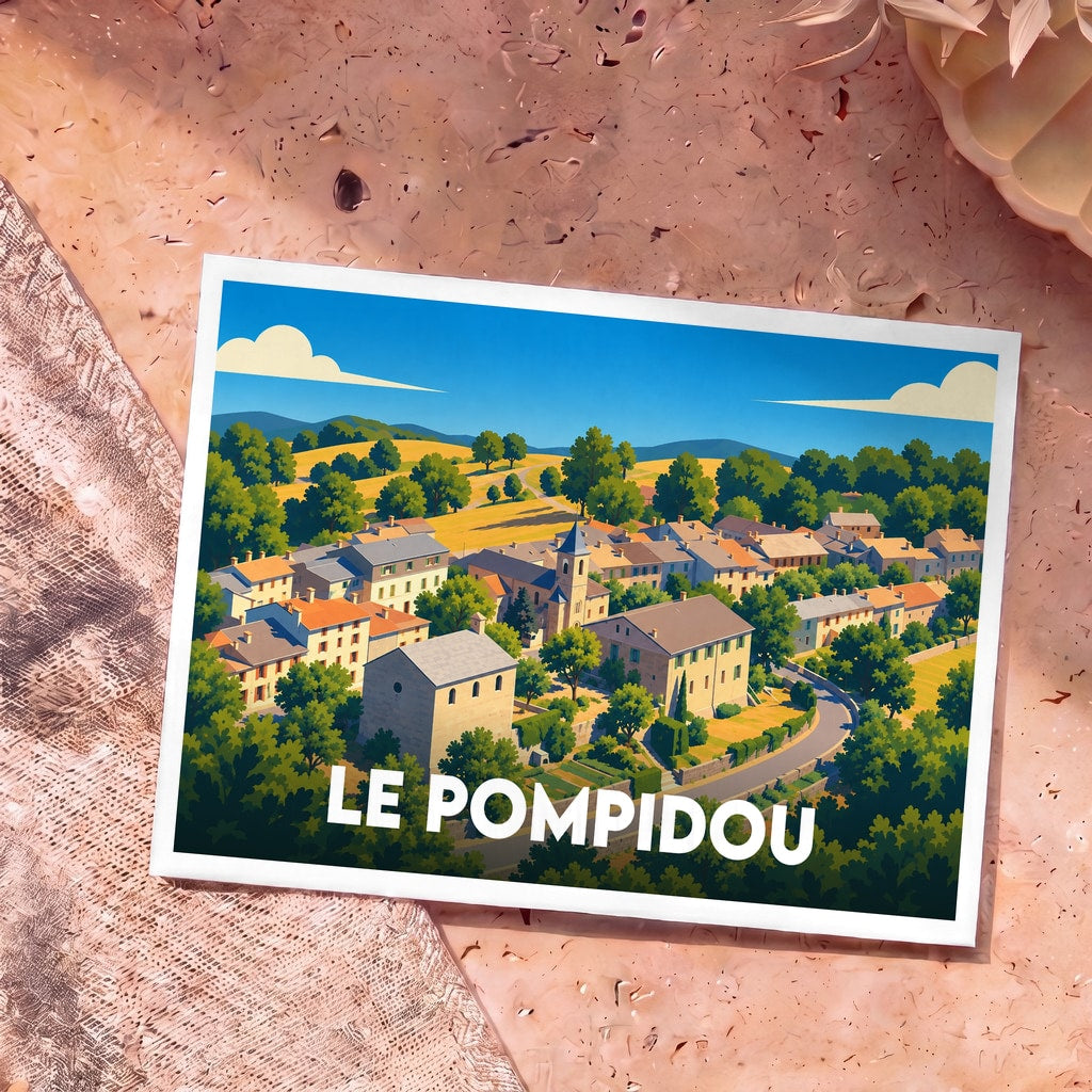 Carte postale souvenir de la ville de Le Pompidou avec une illustration stylisée d'un village pittoresque.